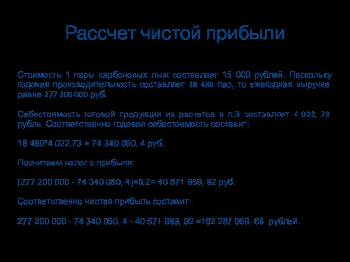 Рассчет чистой прибыли Стоимость 1 пары карбоновых лыж составляет 15 000 рублей.