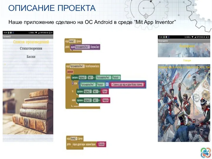 ОПИСАНИЕ ПРОЕКТА Наше приложение сделано на ОС Android в среде “Mit App Inventor”