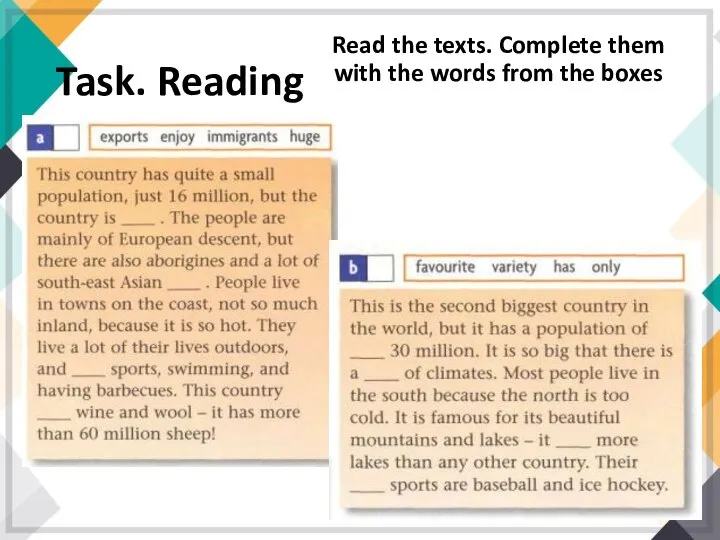 Task. Reading Read the texts. Complete them with the words from the boxes