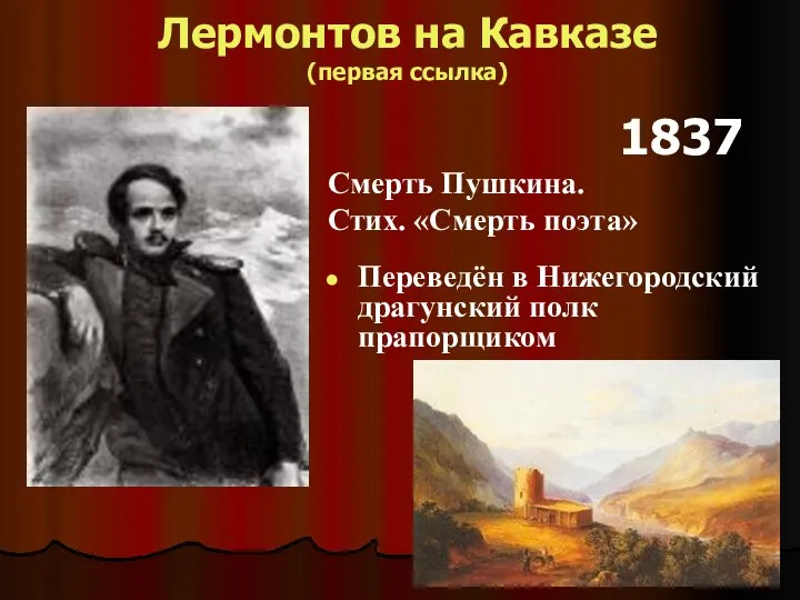 Лермонтов на Кавказе (первая ссылка) 1837 Смерть Пушкина. Стих. «Смерть поэта» Переведён