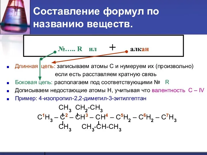Составление формул по названию веществ. Длинная цепь: записываем атомы С и нумеруем
