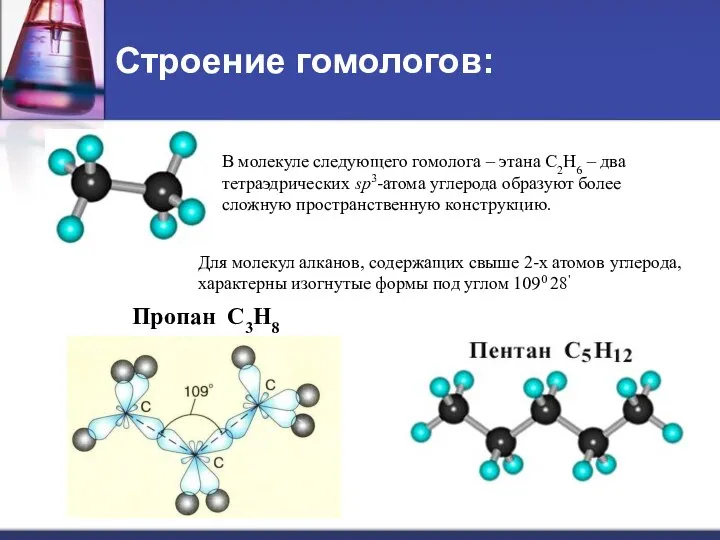 Строение гомологов: В молекуле следующего гомолога – этана С2Н6 – два тетраэдрических