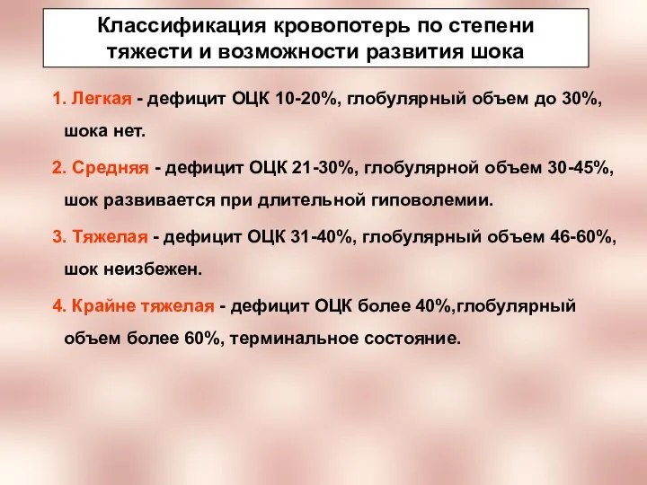 Классификация кровопотерь по степени тяжести и возможности развития шока 1. Легкая -