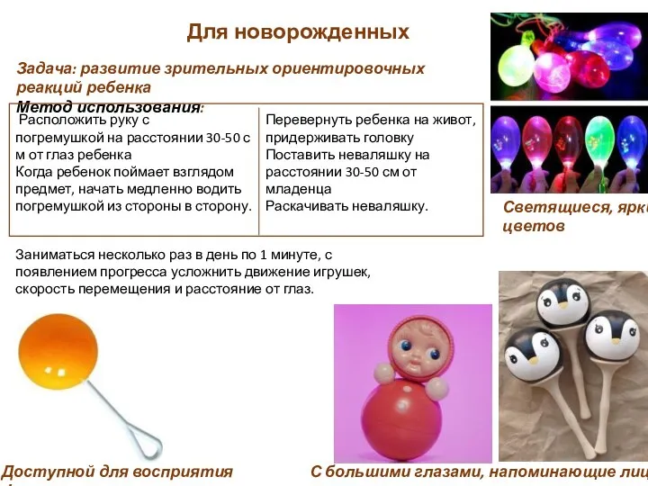 Для новорожденных Задача: развитие зрительных ориентировочных реакций ребенка Метод использования: Светящиеся, ярких