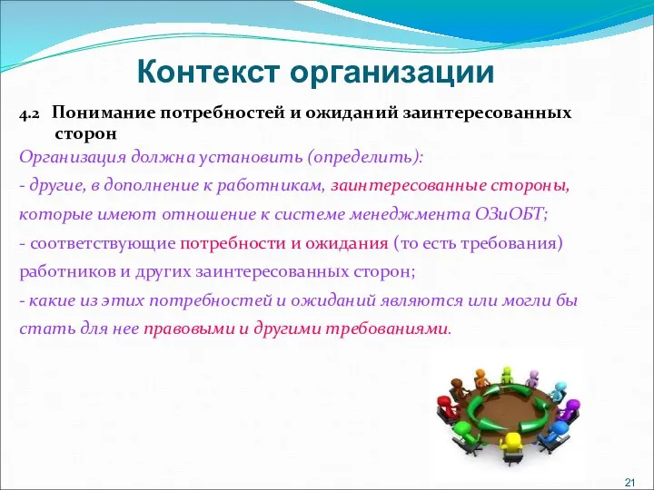 Контекст организации 4.2 Понимание потребностей и ожиданий заинтересованных сторон Организация должна установить