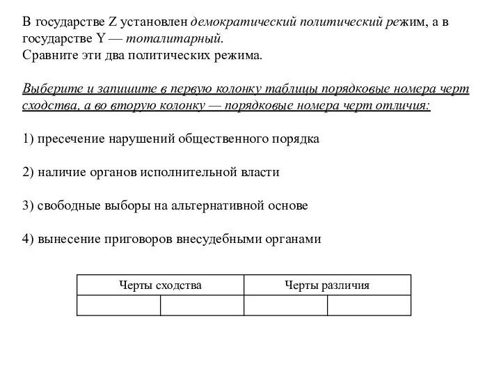 В государстве Z установлен демократический политический режим, а в государстве Y —