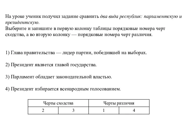 На уроке уче­ник по­лу­чил за­да­ние срав­нить два вида республик: пар­ла­мент­скую и президентскую.