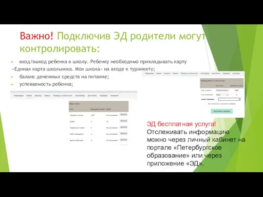 Важно! Подключив ЭД родители могут контролировать: вход/выход ребенка в школу. Ребенку необходимо