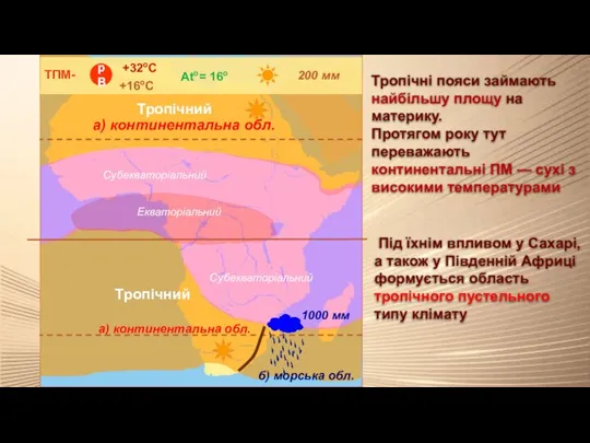 Тропічний а) континентальна обл. Тропічний Субекваторіальний Екваторіальний Тропічні пояси займають найбільшу площу