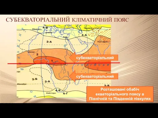 субекваторіальний субекваторіальний Розташовані обабіч екваторіального поясу в Північній та Південній півкулях СУБЕКВАТОРІАЛЬНИЙ КЛІМАТИЧНИЙ ПОЯС