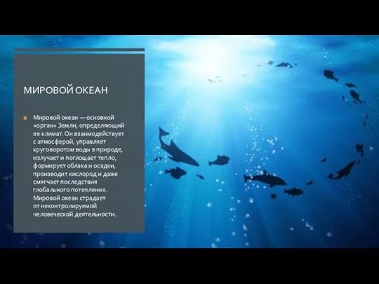 МИРОВОЙ ОКЕАН Мировой океан — основной «орган» Земли, определяющий ее климат. Он