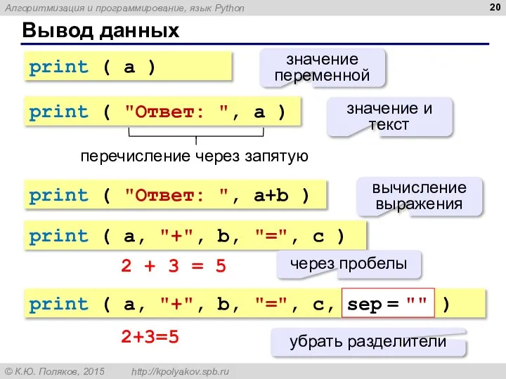 Вывод данных print ( a ) значение переменной print ( "Ответ: ",