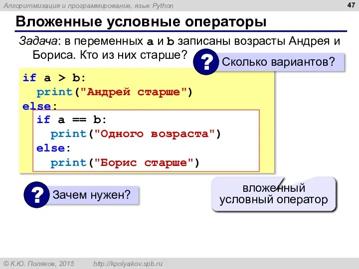 Вложенные условные операторы if a > b: print("Андрей старше") else: if a