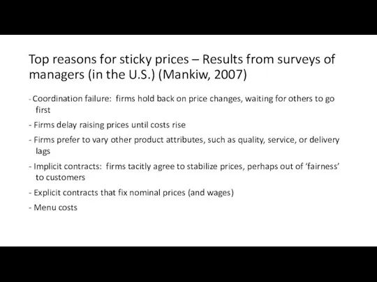 Top reasons for sticky prices – Results from surveys of managers (in