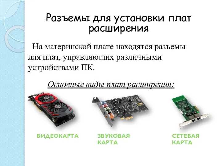 Разъемы для установки плат расширения На материнской плате находятся разъемы для плат,