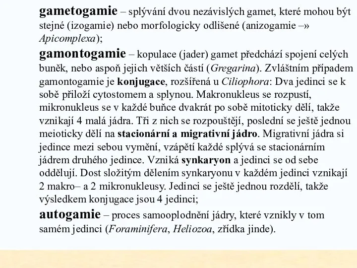 gametogamie – splývání dvou nezávislých gamet, které mohou být stejné (izogamie) nebo