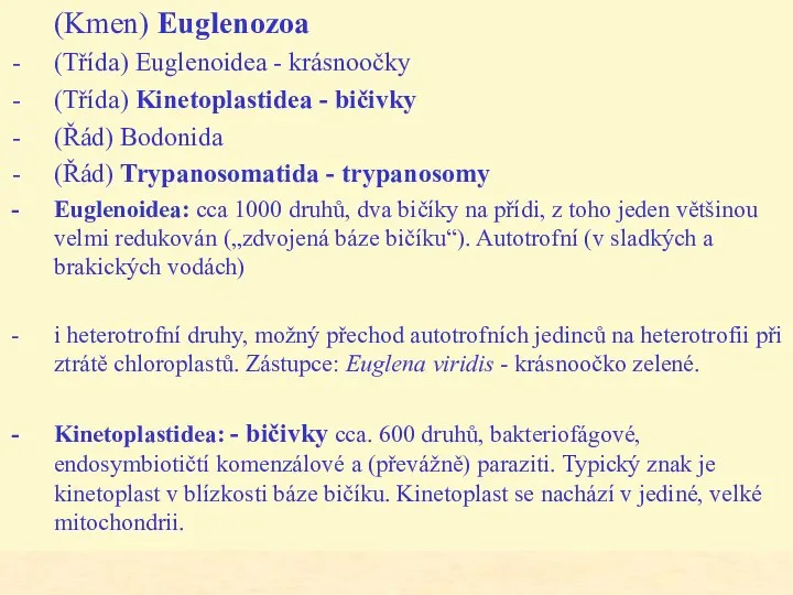 (Kmen) Euglenozoa (Třída) Euglenoidea - krásnoočky (Třída) Kinetoplastidea - bičivky (Řád) Bodonida