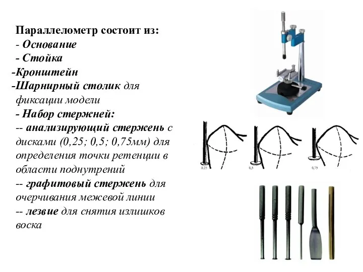 Параллелометр состоит из: - Основание - Стойка Кронштейн Шарнирный столик для фиксации