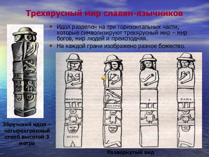 Трехярусный мир славян-язычников Идол разделен на три горизонтальных части, которые символизируют трехярусный