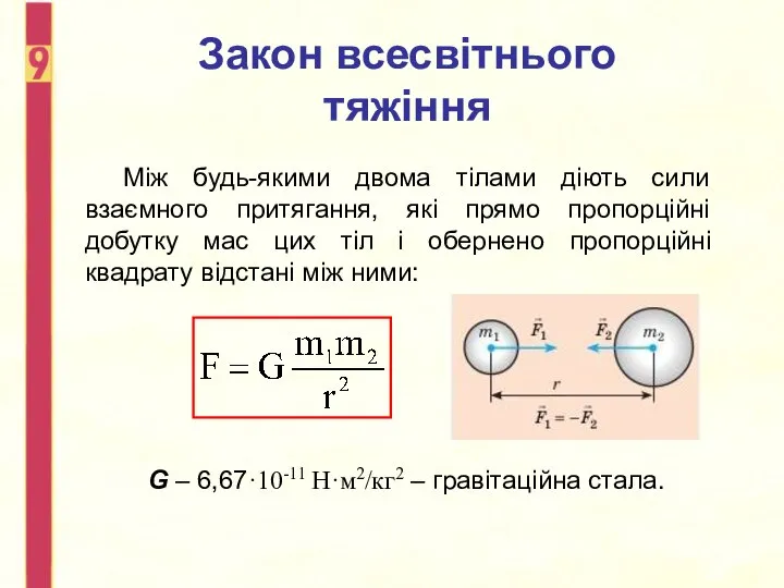 Закон всесвітнього тяжіння Між будь-якими двома тілами діють сили взаємного притягання, які