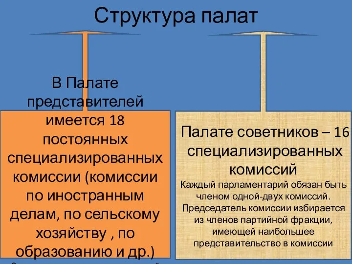 Структура палат В Палате представителей имеется 18 постоянных специализированных комиссии (комиссии по