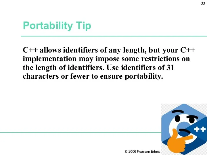 Portability Tip C++ allows identifiers of any length, but your C++ implementation