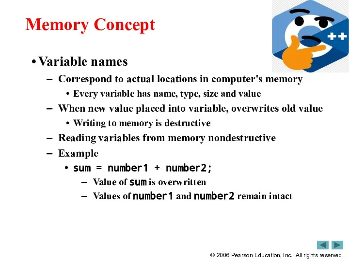 Memory Concept Variable names Correspond to actual locations in computer's memory Every
