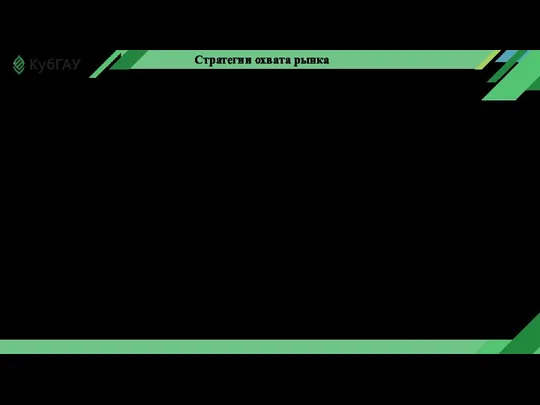 Стратегии охвата рынка Существует три общепринятые стратегии охвата рынка: недифференцированный маркетинг; дифференцированный