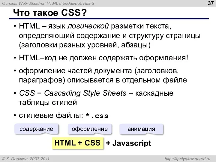 Что такое CSS? HTML – язык логической разметки текста, определяющий содержание и