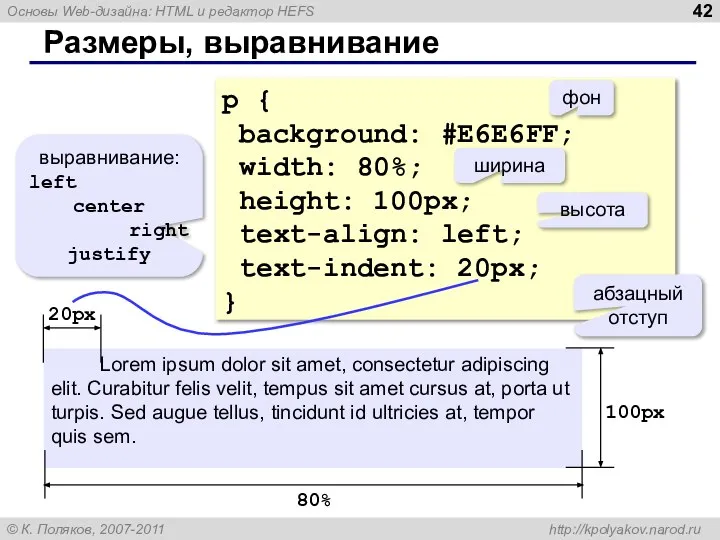 Размеры, выравнивание p { background: #E6E6FF; width: 80%; height: 100px; text-align: left;