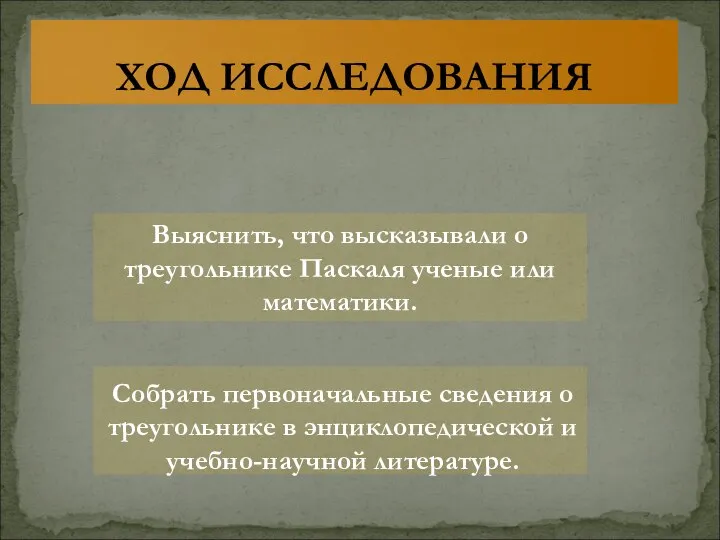 ХОД ИССЛЕДОВАНИЯ Собрать первоначальные сведения о треугольнике в энциклопедической и учебно-научной литературе.