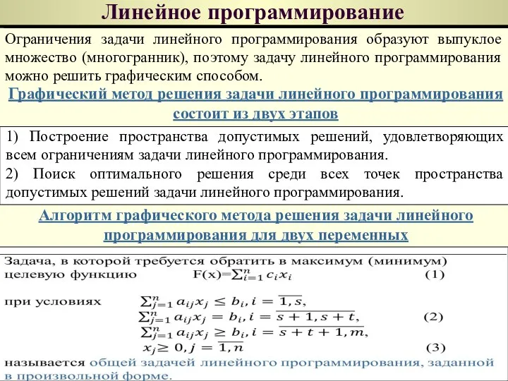 Линейное программирование Графический метод решения задачи линейного программирования состоит из двух этапов