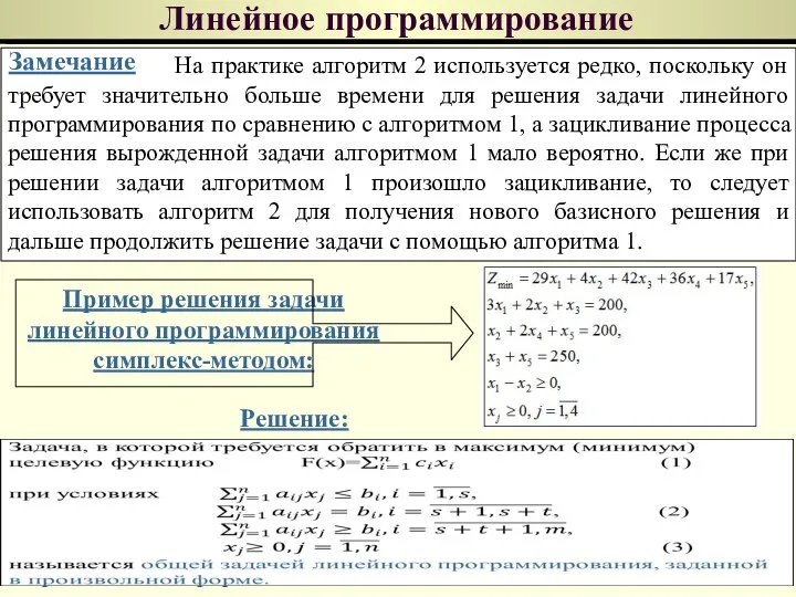 Линейное программирование Замечание На практике алгоритм 2 используется редко, поскольку он требует