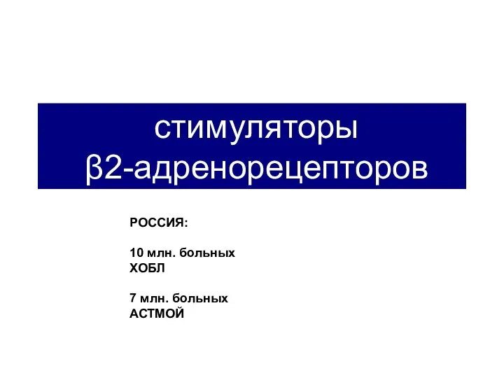 стимуляторы β2-адренорецепторов РОССИЯ: 10 млн. больных ХОБЛ 7 млн. больных АСТМОЙ