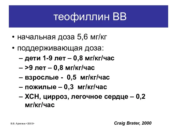 В.В. Архипов теофиллин ВВ начальная доза 5,6 мг/кг поддерживающая доза: дети 1-9