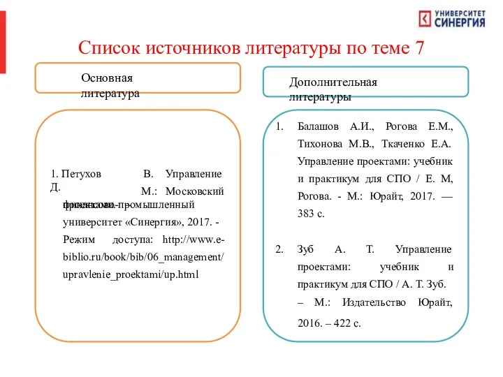 Список источников литературы по теме 7 1. Петухов Д. проектами. – В.