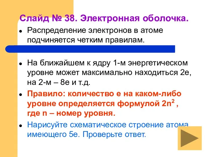 Слайд № 38. Электронная оболочка. Распределение электронов в атоме подчиняется четким правилам.