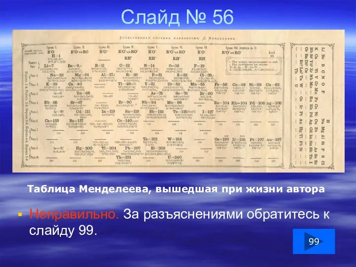 Слайд № 56 Неправильно. За разъяснениями обратитесь к слайду 99. Таблица Менделеева,