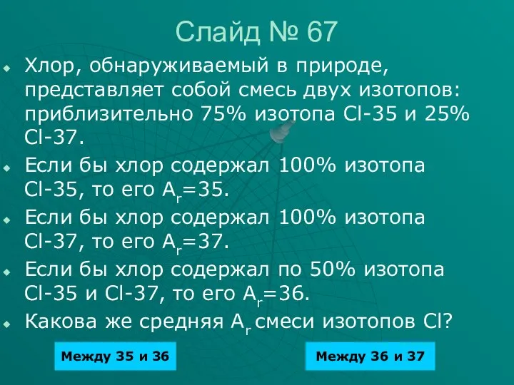 Слайд № 67 Хлор, обнаруживаемый в природе, представляет собой смесь двух изотопов: