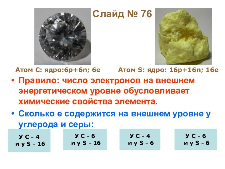 Слайд № 76 Правило: число электронов на внешнем энергетическом уровне обусловливает химические
