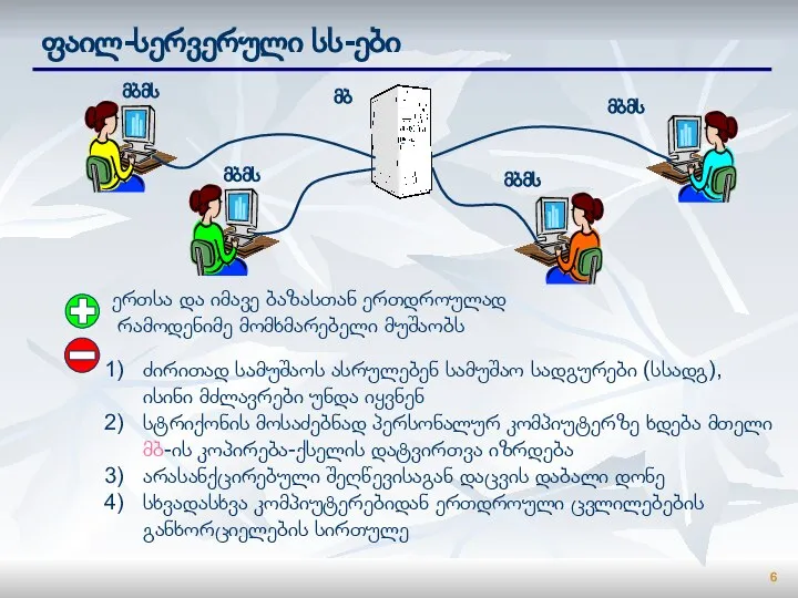 ფაილ-სერვერული სს-ები ერთსა და იმავე ბაზასთან ერთდროულად რამოდენიმე მომხმარებელი მუშაობს ძირითად სამუშაოს