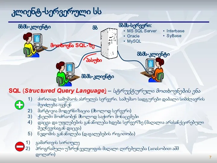 კლიენტ-სერვერული სს მბმს-კლიენტი მბმს-კლიენტი მბმს-კლიენტი ძირითად სამუშაოს ასრულეს სერვერი. სამუშაო სადგურები დაბალი