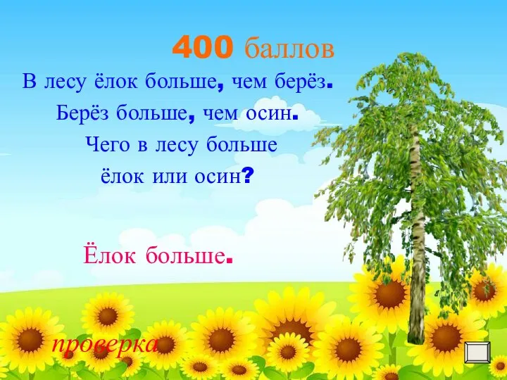 400 баллов В лесу ёлок больше, чем берёз. Берёз больше, чем осин.