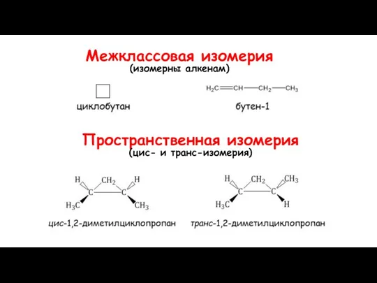 Межклассовая изомерия (изомерны алкенам) Пространственная изомерия (цис- и транс-изомерия)