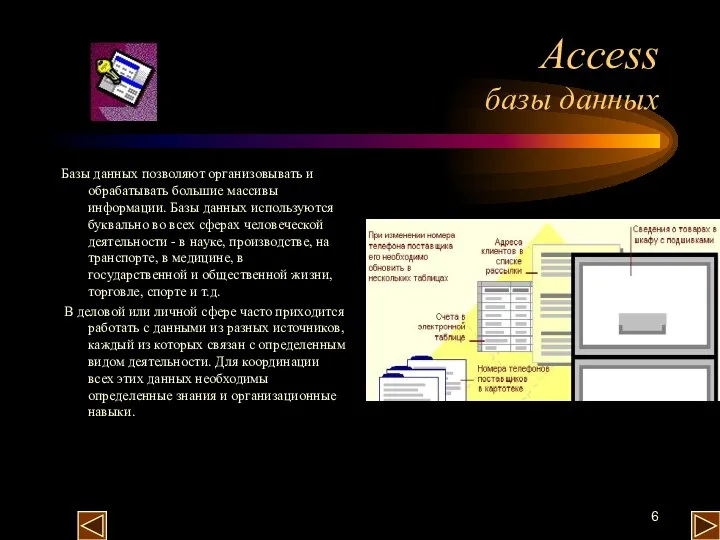 Access базы данных Базы данных позволяют организовывать и обрабатывать большие массивы информации.
