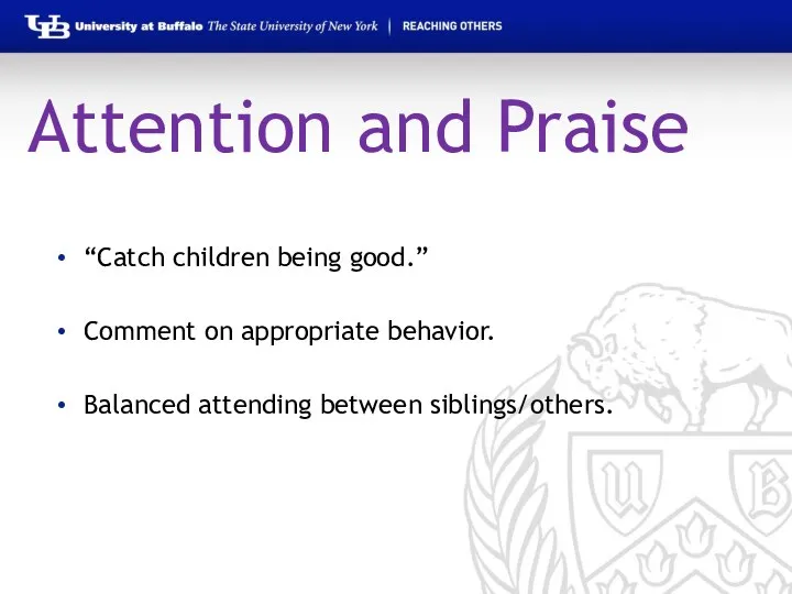 Attention and Praise “Catch children being good.” Comment on appropriate behavior. Balanced attending between siblings/others.