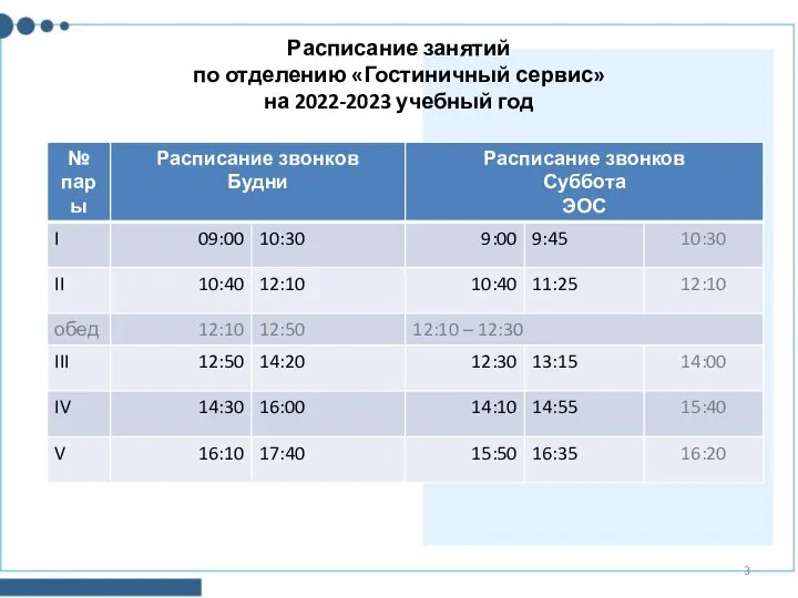 Расписание занятий по отделению «Гостиничный сервис» на 2022-2023 учебный год