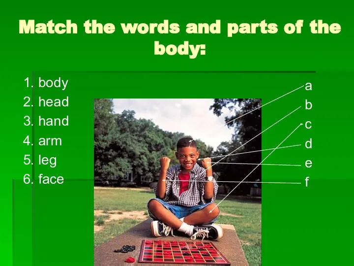 Match the words and parts of the body: 1. body 2. head