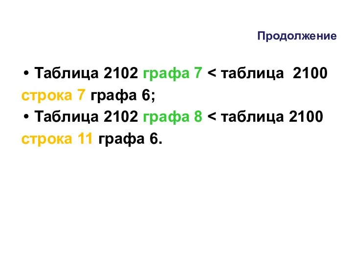 Продолжение Таблица 2102 графа 7 строка 7 графа 6; Таблица 2102 графа