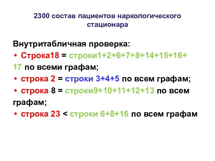 2300 состав пациентов наркологического стационара Внутритабличная проверка: Строка18 = строки1+2+6+7+8+14+15+16+ 17 по